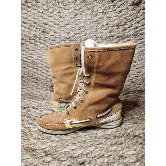 Sperry Top Sider Women's Brown Leather Lace Up Fold Down Fur Boots Size 7 M - Picture 6 of 12